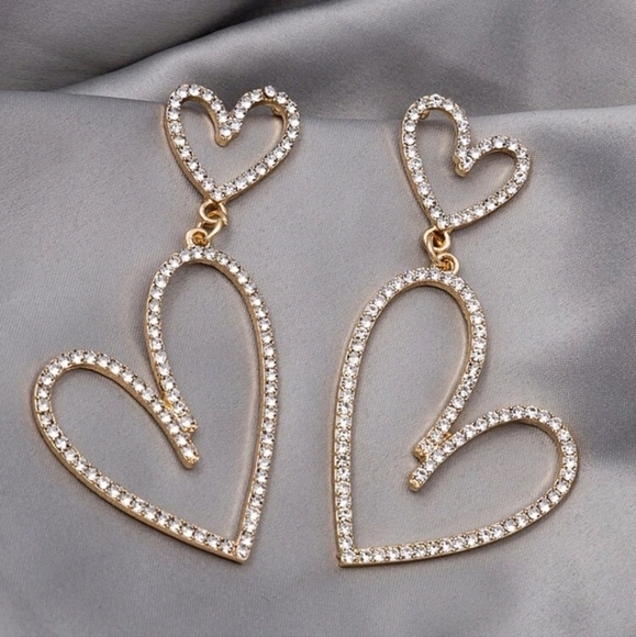 Gold Hoop chunky earrings dangle rhinestone Hearts Romantic statement 💖2/$30 - Picture 15 of 16